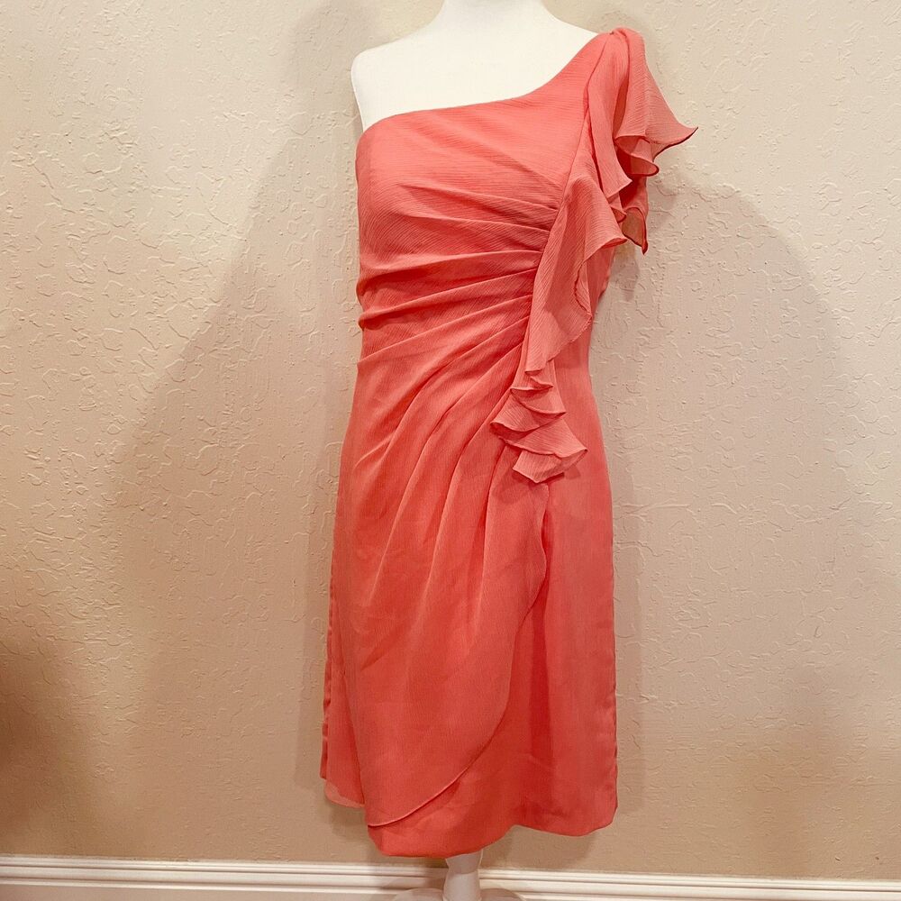 ~ Angelina Faccenda 10 peach 1-shoulder ruffle cocktail dress light flowy sheath